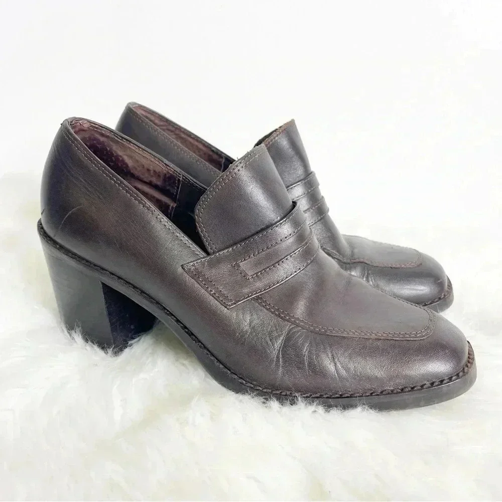 Steve Madden Brown Leather Penny Loafer Heel Shoes y2k Size 8.5